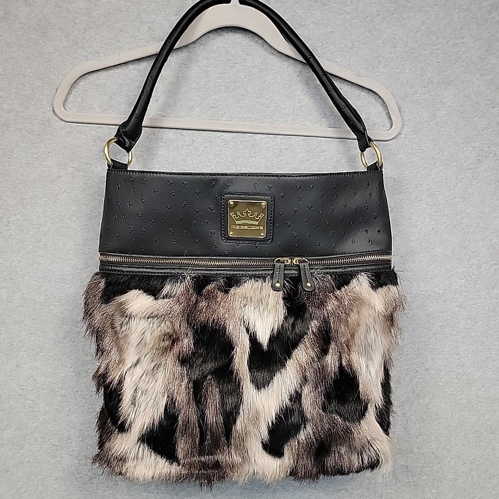 DEESIGNS Purse By Ocleppo Hobo‎ Shoulder Bag Faux Black Leather & Fur Statement
